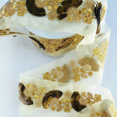 Gold Sheer Fabric Trim With Antique Gold Floral Embroidery And Metallic Sequins Embellishments, Approx. 95mm Wide - 210119L123